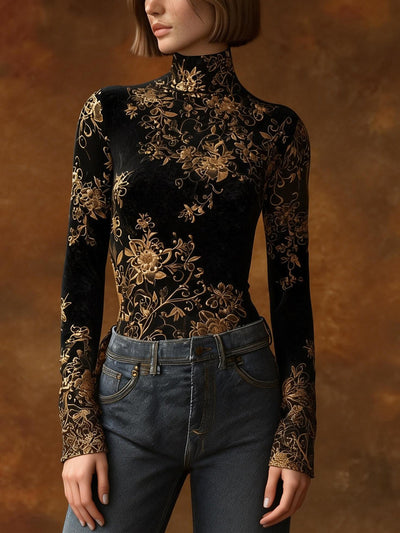 Long Sleeves Skinny Contrast Color Flower Print Split-Joint High Neck Blouses&Shirts Tops