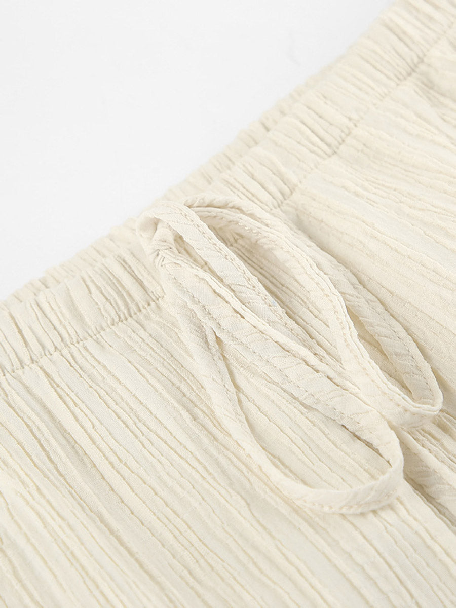 Solid Color Halter-Neck Cropped Pleated Split-Joint Tank Top + High Waisted Elasticity  Tied Waist Pants Trousers Two Pieces Set