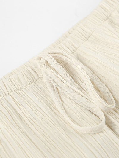 Solid Color Halter-Neck Cropped Pleated Split-Joint Tank Top + High Waisted Elasticity  Tied Waist Pants Trousers Two Pieces Set