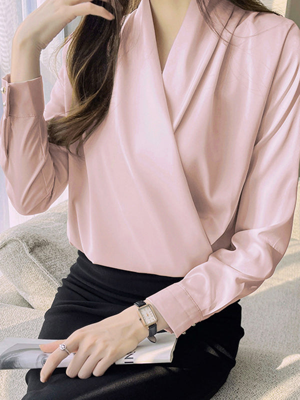 Long Sleeves Loose Buttoned Solid Color V-Neck Blouses&Shirts Tops