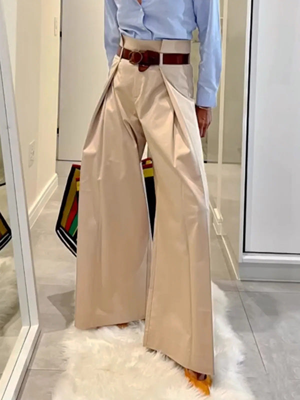 High Waisted Loose Pleated Solid Color Split-Joint Pants Trousers