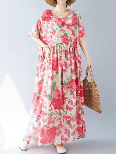 A-line Batwing Sleeves Flower Print Pleated Split-Joint Round-neck Midi Dresses