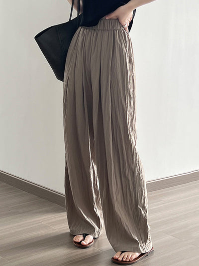 High Waisted Wide Leg Elasticity Pleated Solid Color Casual Pants Bottoms Trousers