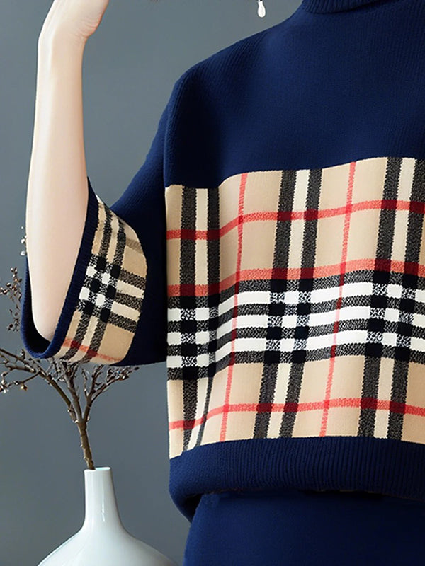 Loose Three-Quarter Sleeves Plaid Pullovers Sweater Tops