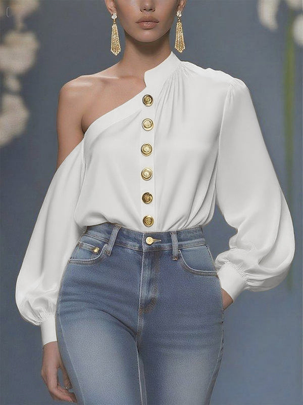 Long Sleeves Loose Asymmetric Buttoned Pleated Solid Color One-Shoulder Blouses&Shirts Tops