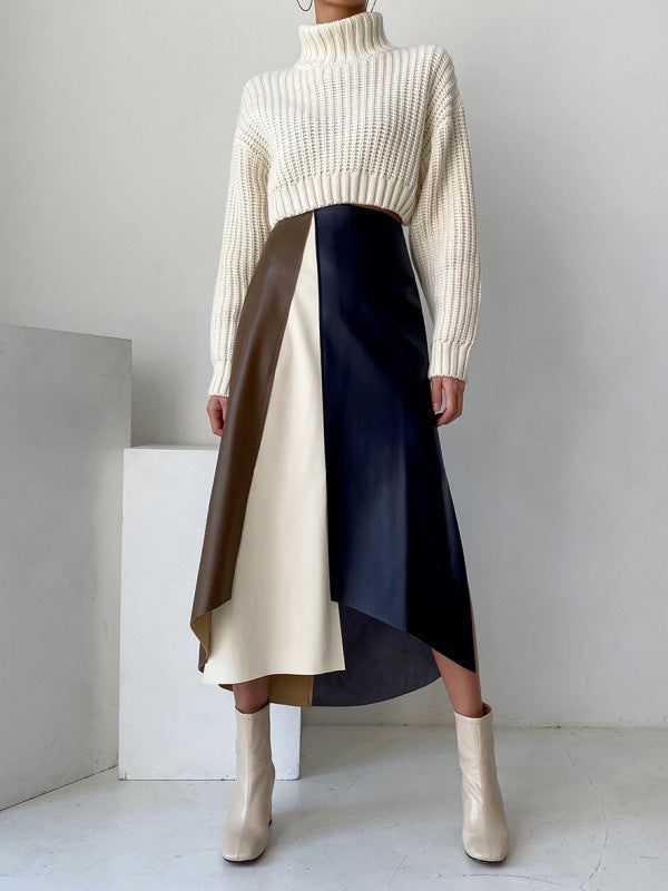 A-Line High Waisted Asymmetric Contrast Color Split-Front Skirts Bottoms