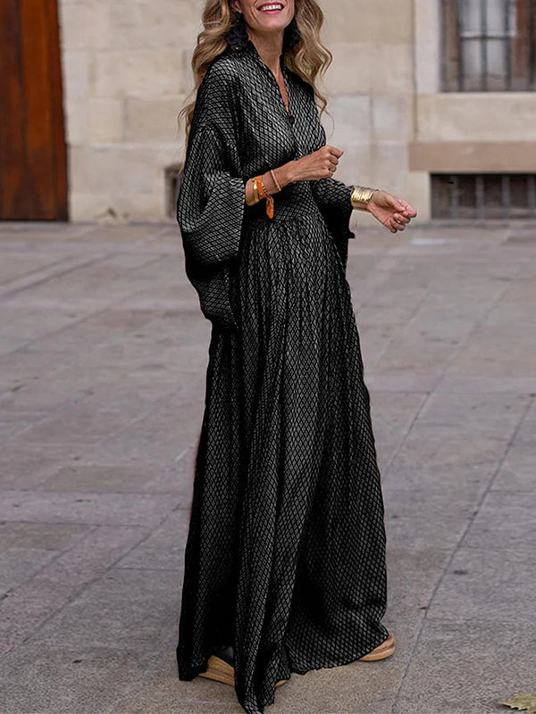 Raglan Sleeve Pleated Split-Joint V-Neck Maxi Dresses