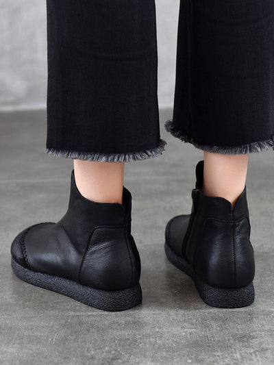 Women Genuine Leather Spliced Fleece-lined Flat Ankle Boots