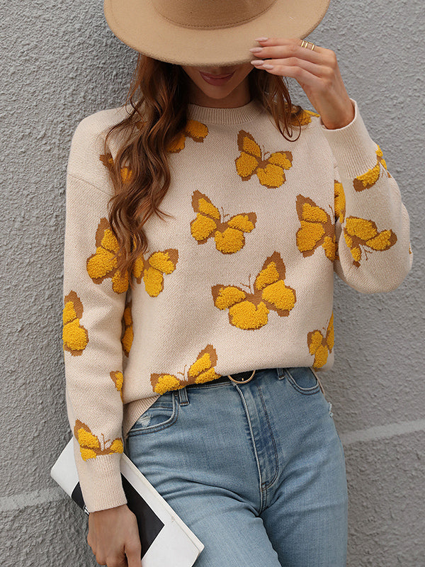 Original Long Sleeves Loose Butterfly Print Contrast Color Round-Neck Sweater Tops