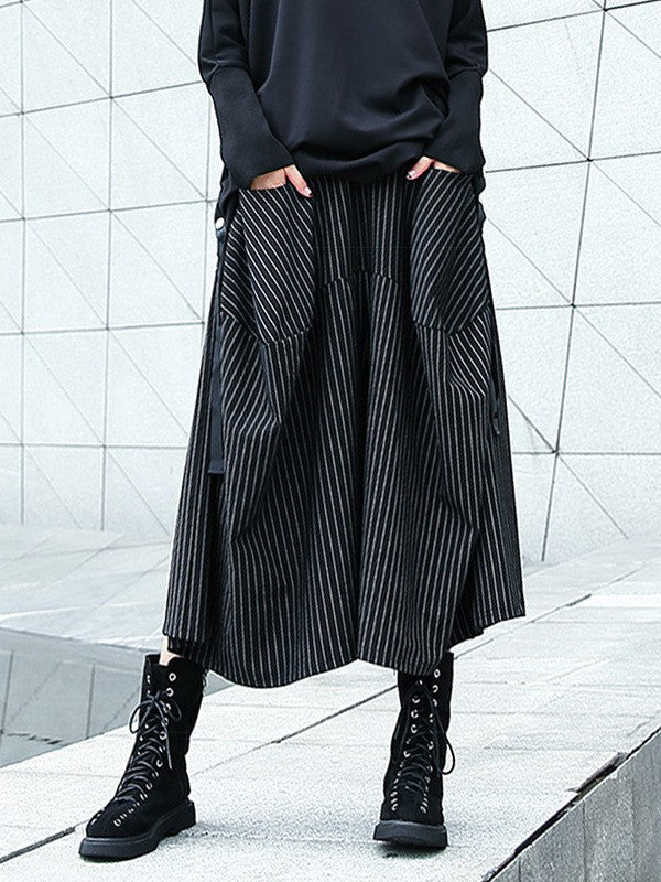 High Waisted Loose Elasticity Pockets Striped Culotte Pants