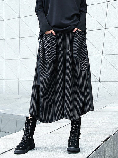 High Waisted Loose Elasticity Pockets Striped Culotte Pants