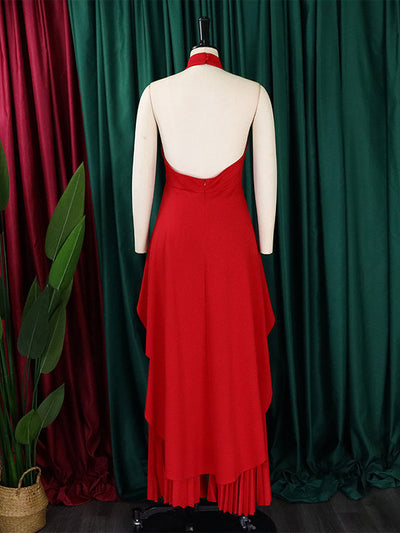 Loose Backless Lacy Solid Color Halter-Neck Vest Top + High-Low Pants Bottom Two Pieces Set