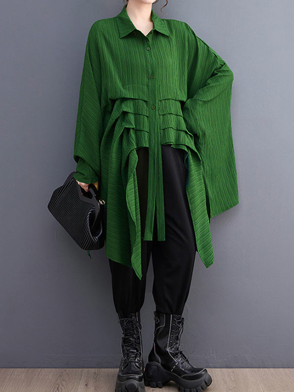 Long Sleeves Loose Pleated Solid Color Lapel Blouses&Shirts Tops