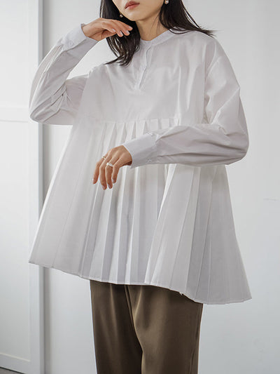 Long Sleeves Loose Buttoned Pleated Solid Color Round-Neck Blouses&Shirts Tops