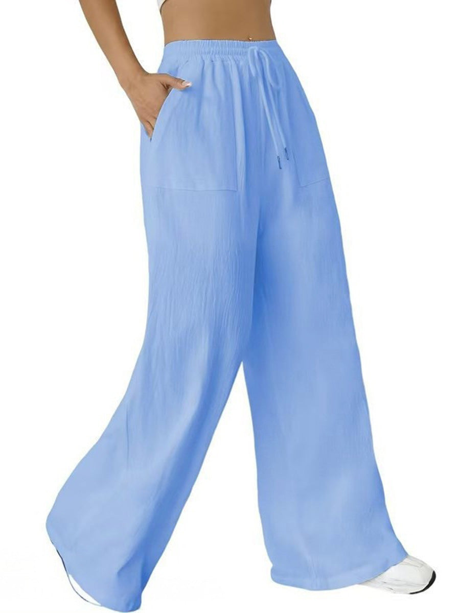 High Waisted Wide Leg Elasticity Pleated Pockets Solid Color Tied Waist Pants Trousers