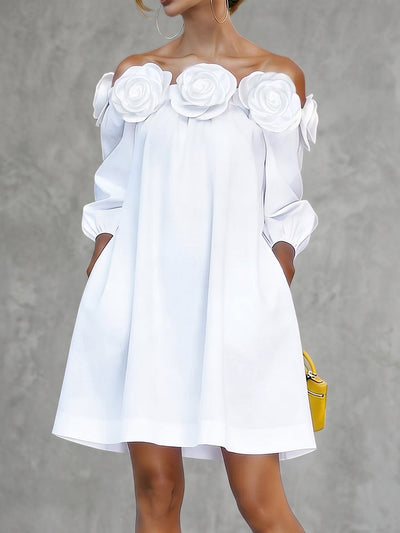 Half Sleeves Loose Pockets Solid Color Three-Dimensional Flower Off-The-Shoulder Mini Dresses