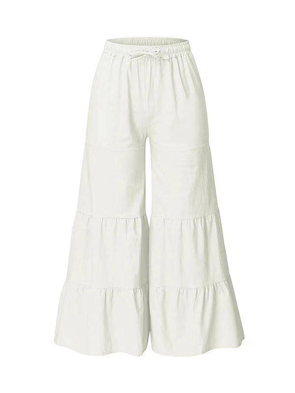 High Waisted Loose Drawstring Elasticity Pleated Solid Color Split-Joint Pants Trousers