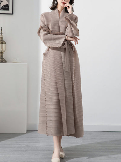 Casual Long Sleeves Loose Tied Pleated Stand Collar Midi Dresses