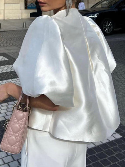 Loose Puff Sleeves Hollow Solid Color Split-Joint Round-Neck Blouses