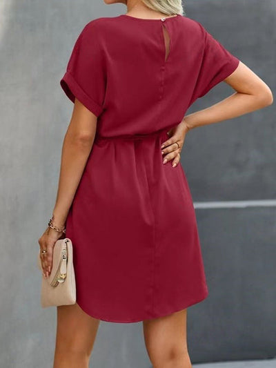 Loose Short Sleeves Solid Color Tied Waist Round-Neck Mini Dresses