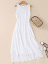 A-Line Loose Double Layered Solid Color Tied Waist Round-Neck Midi Dresses