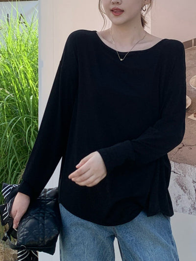 Long Sleeves Loose Solid Color Round-Neck T-Shirts Tops