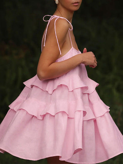 A-Line High Waisted Backless Layered Pleated Solid Color Spaghetti-Neck Mini Dresses