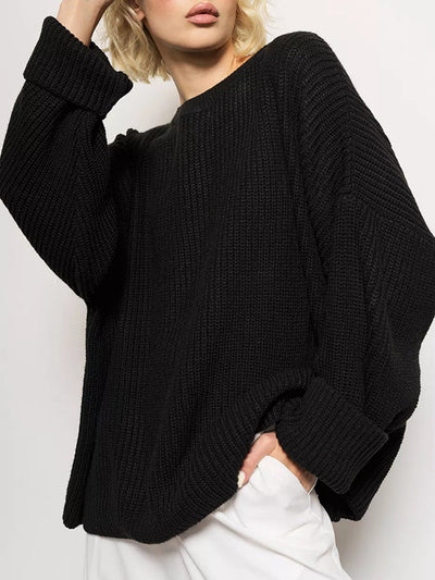 Long Sleeves Loose Solid Color Split-Joint Round-Neck Sweater Tops