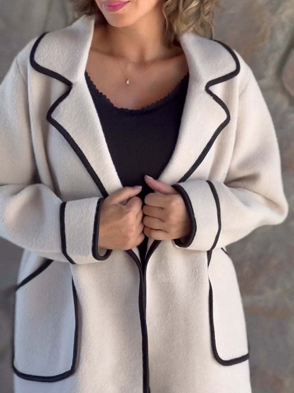 Long Sleeves Loose Buttoned Pockets Split-Joint Notched Collar Woolen Coat