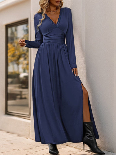 A-Line High Waisted Pleated Solid Color Split-Side V-Neck Maxi Dresses