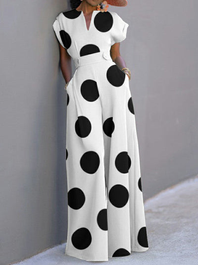 Short Sleeves Wide Leg Polka-Dot V-Neck Jumpsuits