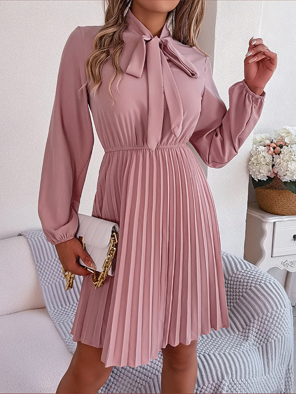 Long Sleeves Loose Pleated Solid Color Tied Mock Neck Mini Dresses