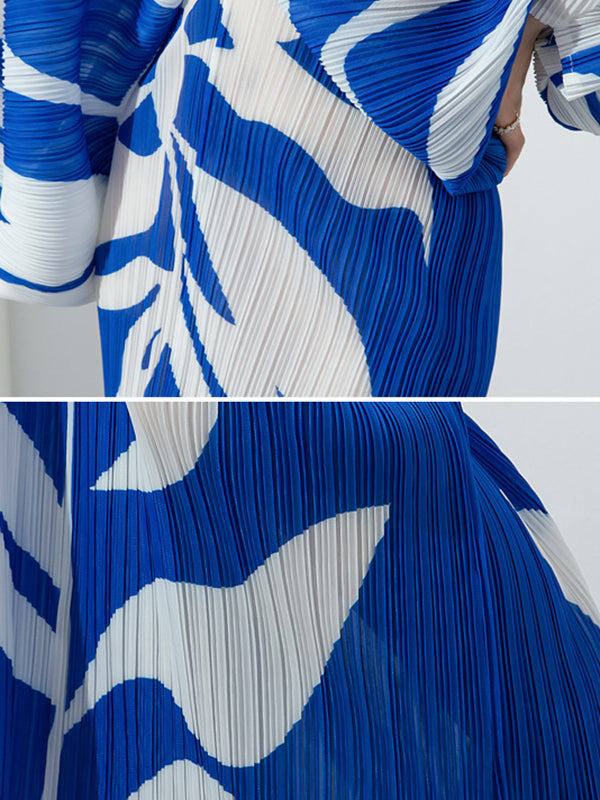 Original Batwing Sleeves Long Sleeves Contrast Color Printed Pleated V-Neck Midi Dresses