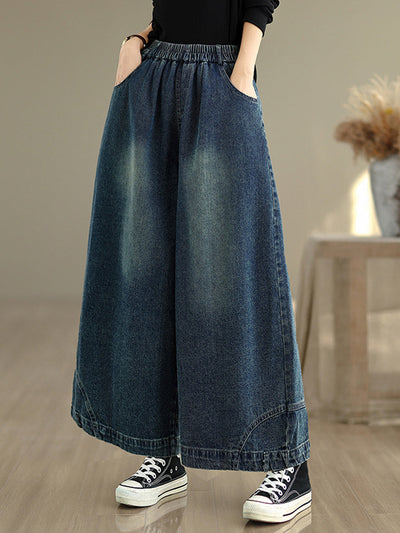 Women Autumn Retro Washed Denim Wide-leg Pants