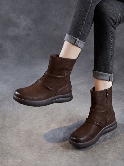 Women Winter Retro Genuine Leater Flat Boots