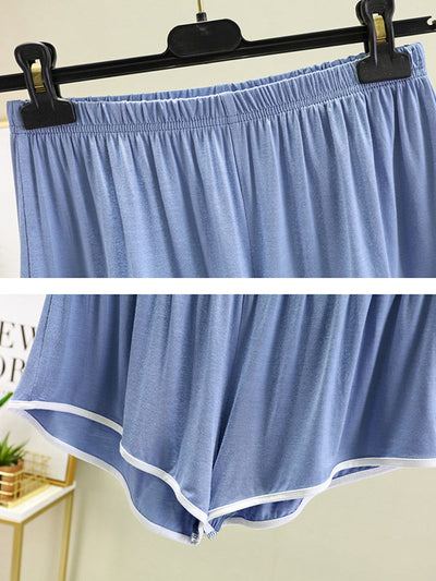 Home Wear Loose Sleeveless Contrast Color Round-Neck Vest&Shorts Pajamas Set