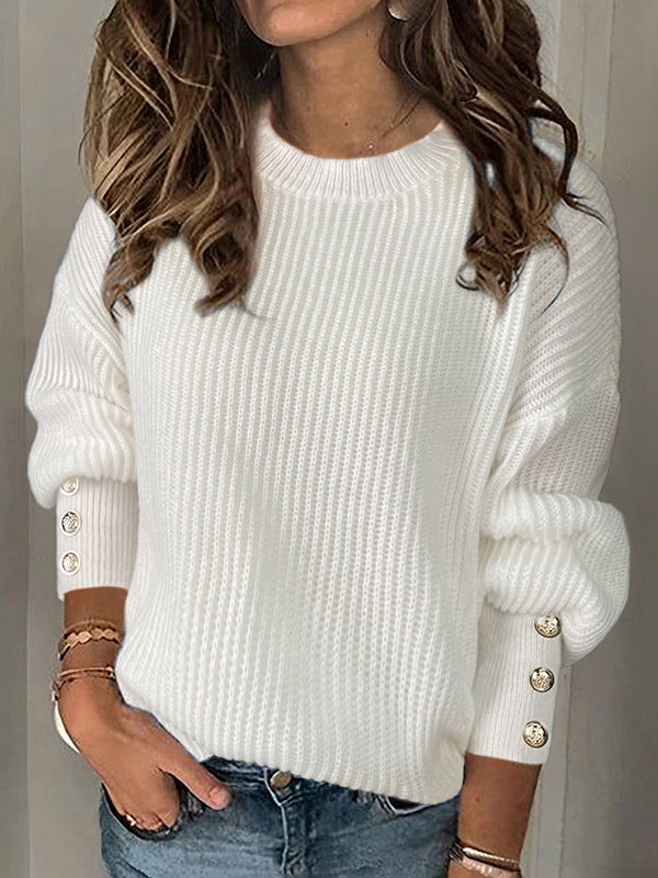 Long Sleeves Loose Buttoned Solid Color Split-Joint Round-Neck Pullovers Sweater Tops