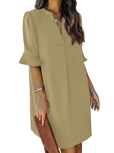 A-Line Flared Sleeves Pleated Ruffled Solid Color Split-Joint V-Neck Mini Dresses