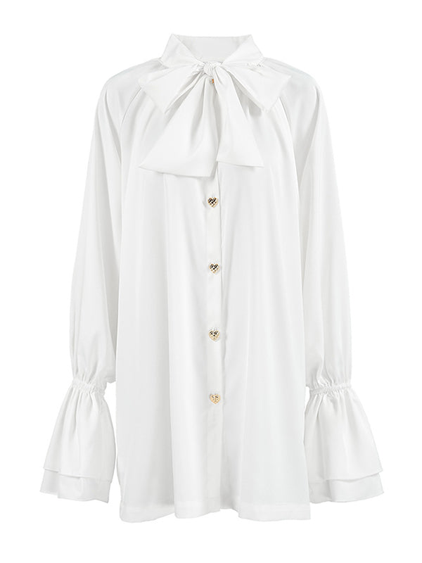 A-Line Flared Sleeves Buttoned Elasticity Pleated Solid Color Tied Zipper Stand Collar Mini Dresses