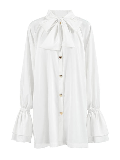 A-Line Flared Sleeves Buttoned Elasticity Pleated Solid Color Tied Zipper Stand Collar Mini Dresses