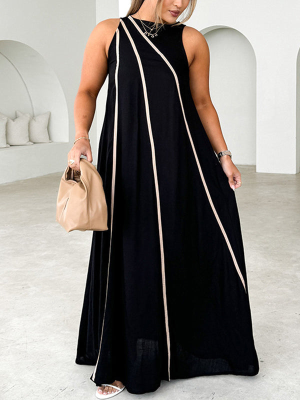 A-Line Loose Split-Joint Round-Neck Maxi Dresses