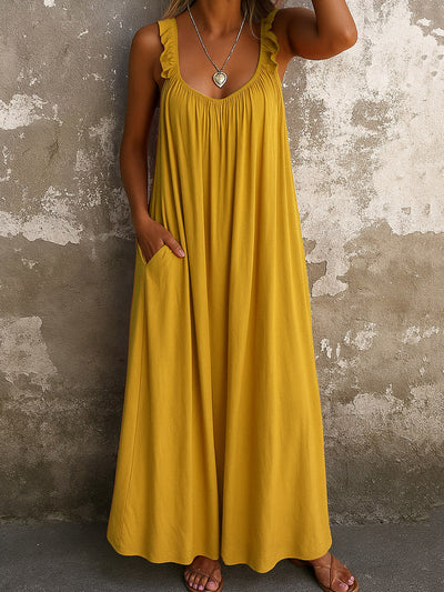 A-Line Loose Pleated Pockets Ruffled Solid Color Split-Joint U-Neck Maxi Dresses