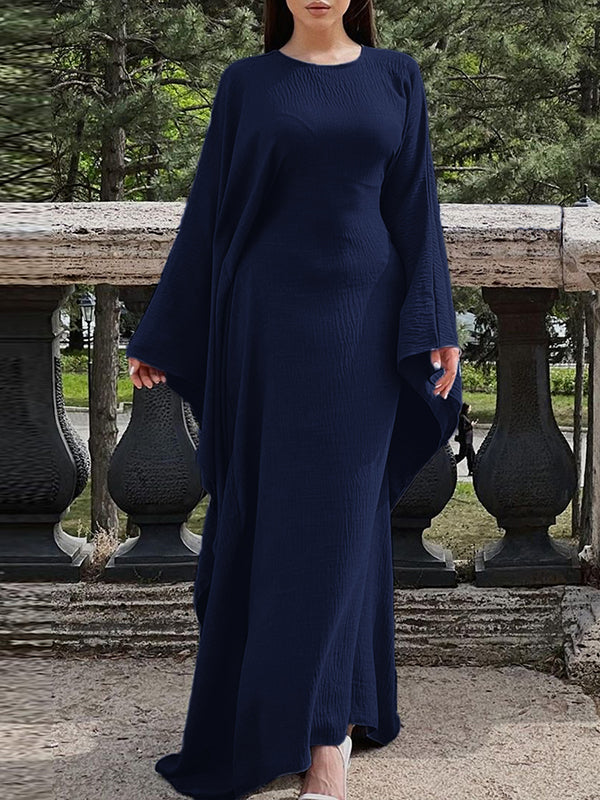 Batwing Sleeves Long Sleeves Solid Color Round-Neck Maxi Dresses