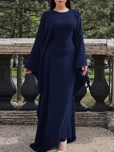 Batwing Sleeves Long Sleeves Solid Color Round-Neck Maxi Dresses