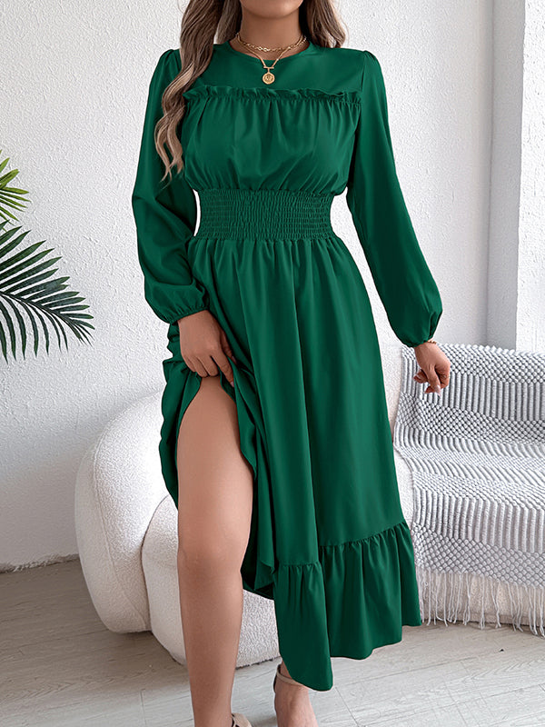 A-Line Elasticated Waist Pleated Solid Color Round-Neck Maxi Dresses