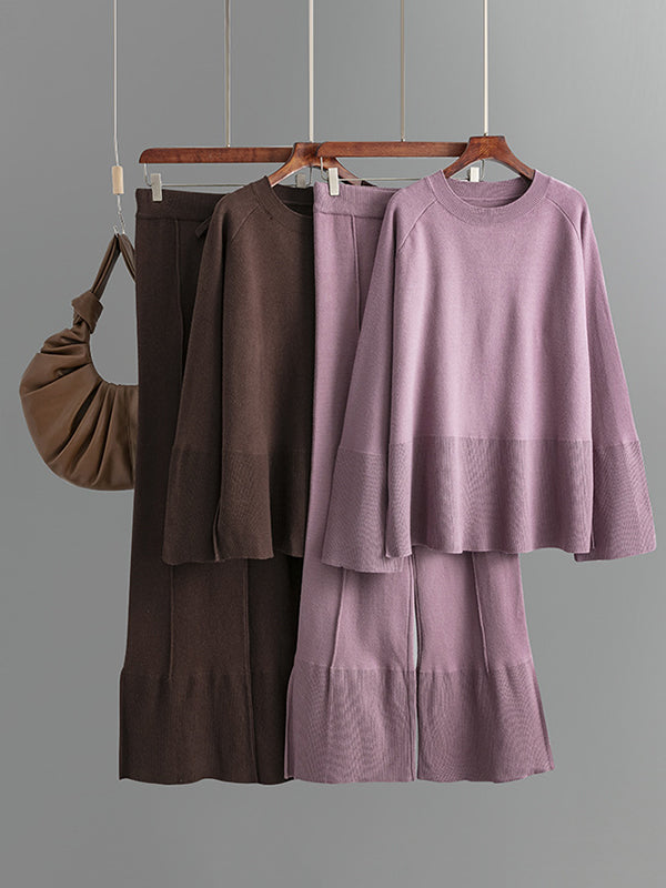 Casual Long Sleeves Loose Solid Color Round-Neck Sweater Tops & Wide Leg Pants Two Pieces Set