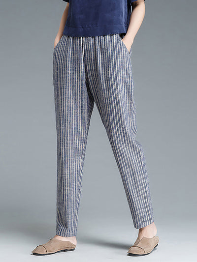 Plus Size Buykud Stripe Cotton Linen Women Pants