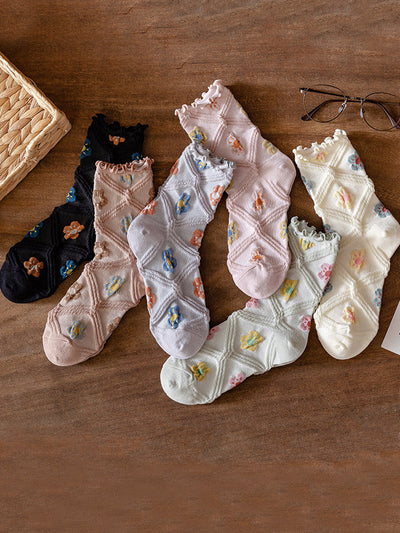 6 Pairs Women Artsy Summer Flower Rhombiods Socks