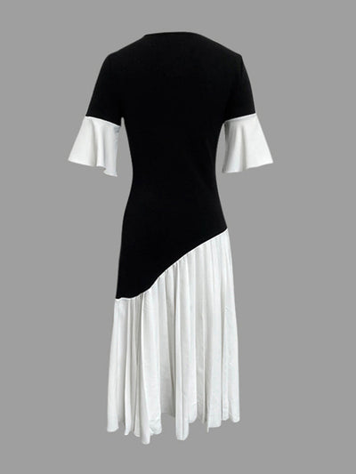 Flared Sleeves Half Sleeves Pleated Split-Joint Round-Neck Midi Dresses