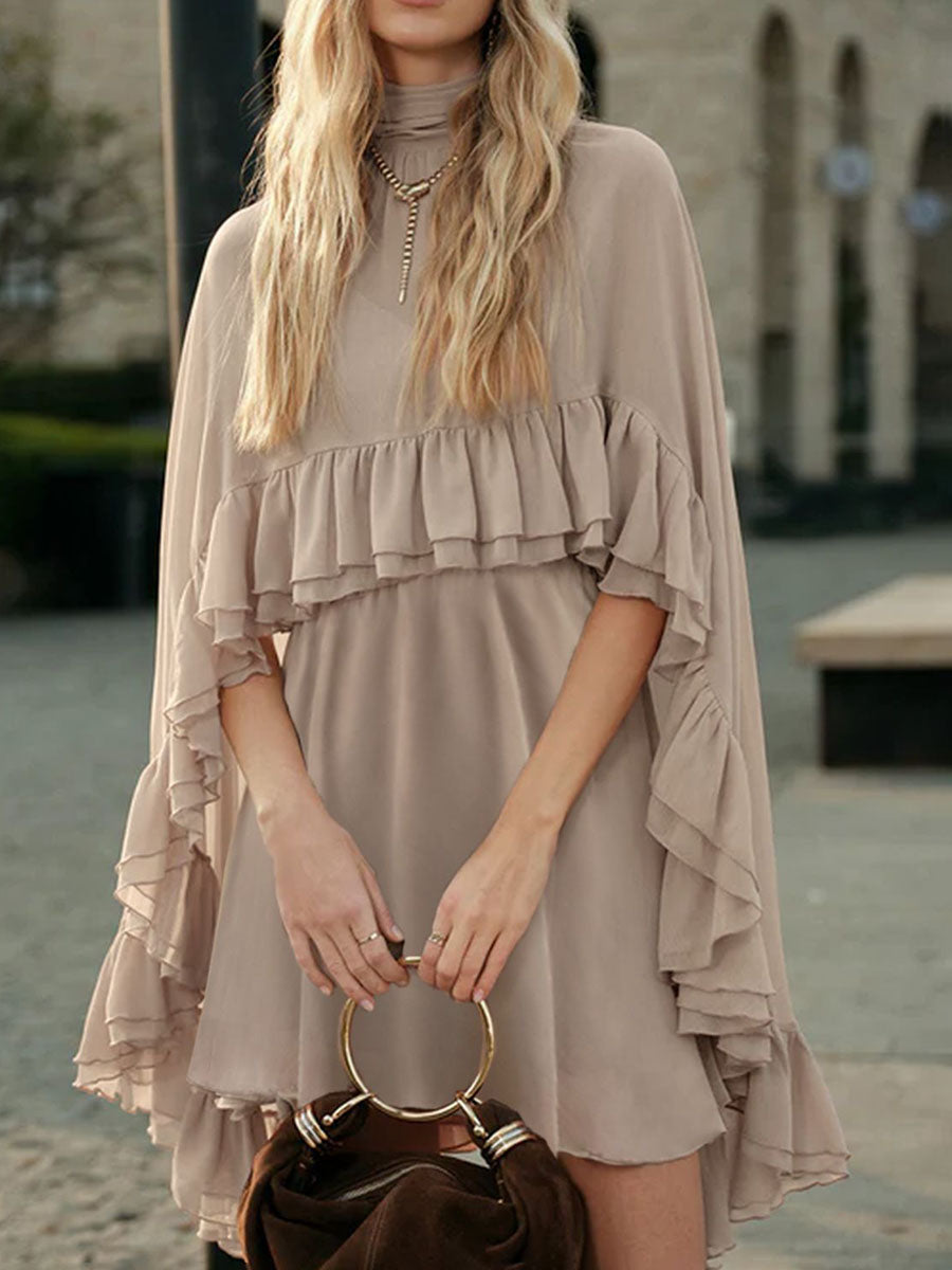 High Waisted Sleeveless Pleated Ruffled Solid Color Split-Joint Tied Mock Neck Mini Dresses Two Pieces Set